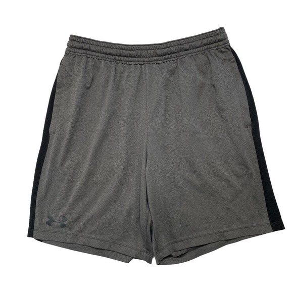 UNDER ARMOUR HeatGear Gray Fitted Warmup Shorts Size Large Mens Logo Pockets - Picture 1 of 7